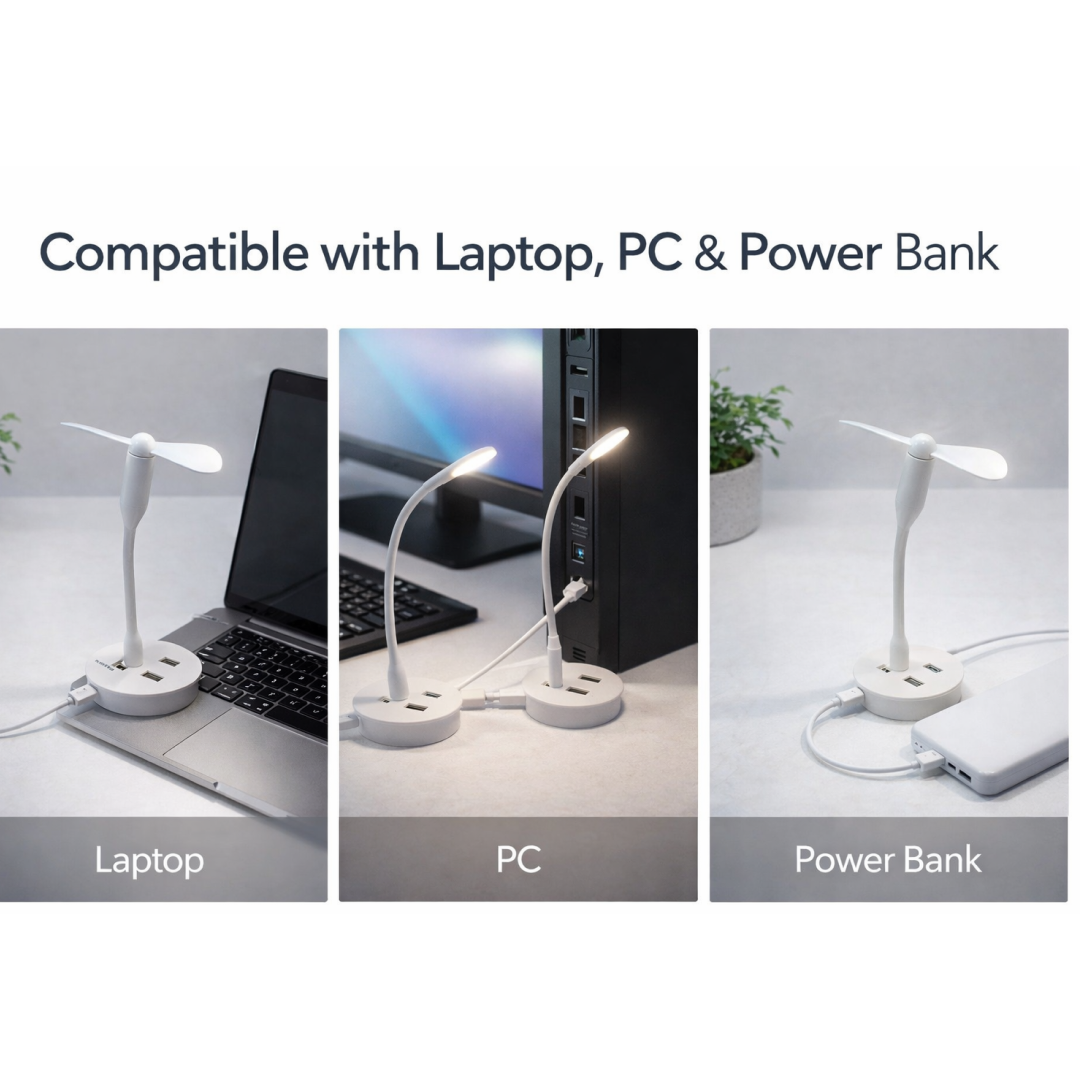 Person using the Portable USB Fan and light with a laptop.
