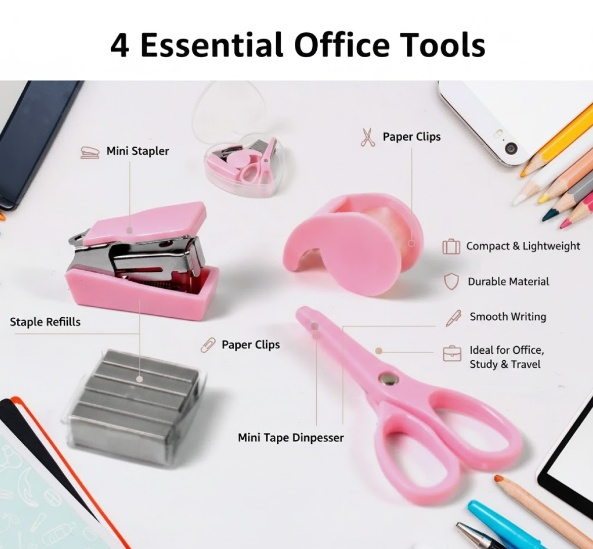 A hand demonstrating the compact size of the mini stapler from the VoltDesk stationery set.