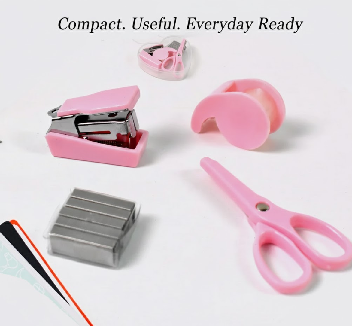 Top-down view of the mini office stationery set components arranged beside the clear bottle.