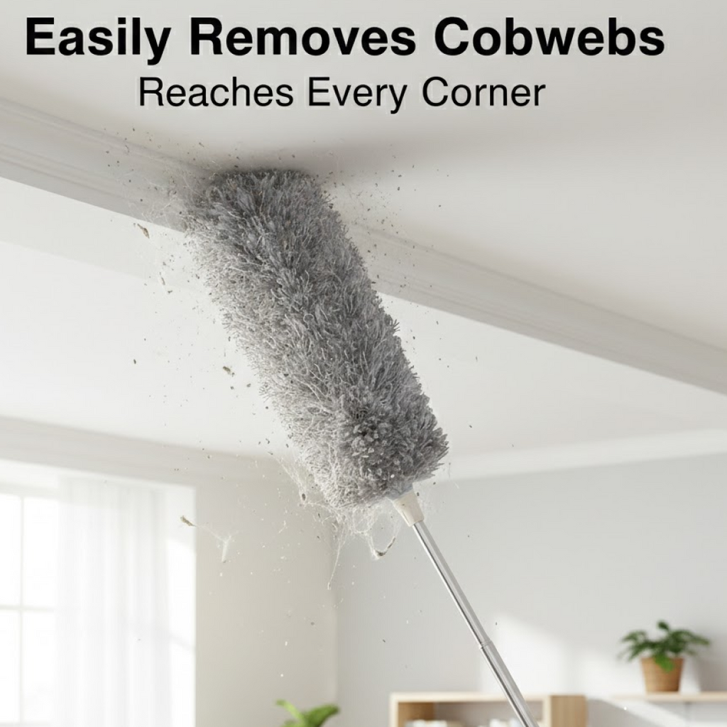 Infographic highlighting key features of the extendable microfiber duster.