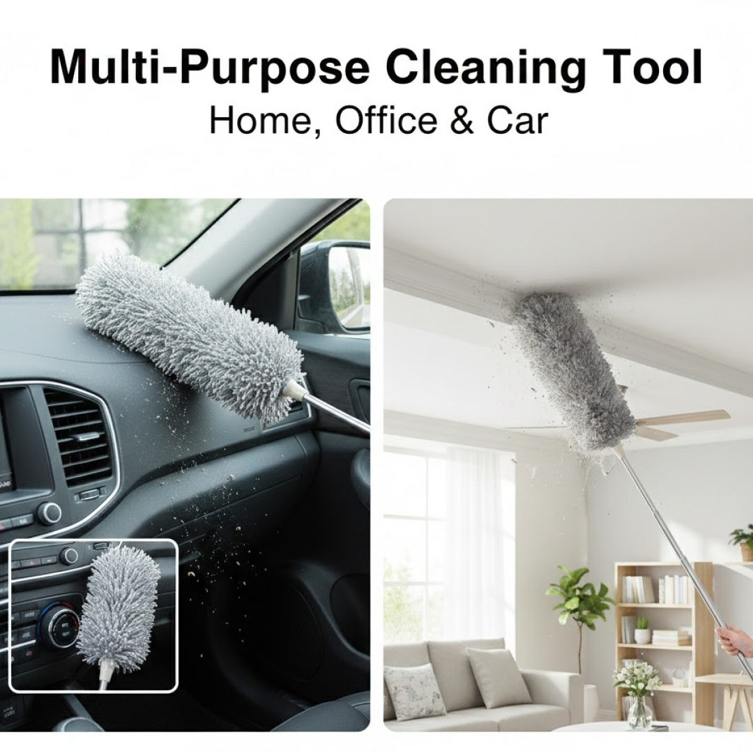 Comparison image demonstrating the reach of the extendable duster.