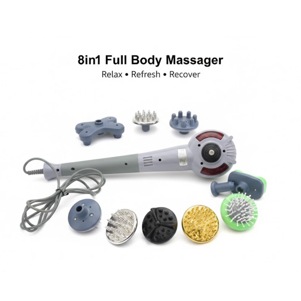All eight interchangeable massage heads neatly arranged, showcasing versatility for a full body massager.