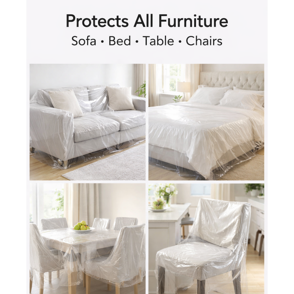 Clear plastic sheet effectively protecting various furniture pieces from dust.
