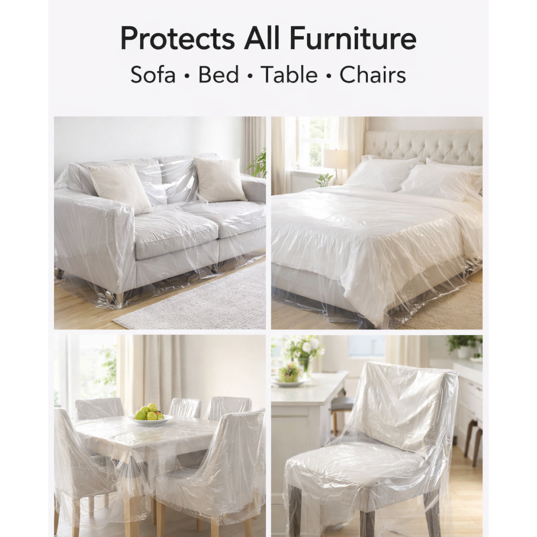 Clear plastic sheet effectively protecting various furniture pieces from dust.