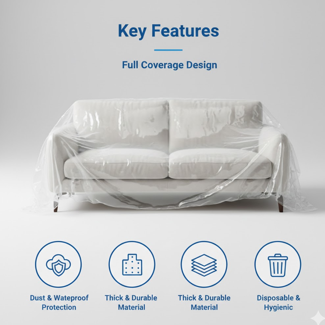 A single armchair protected by a transparent plastic furniture protector.