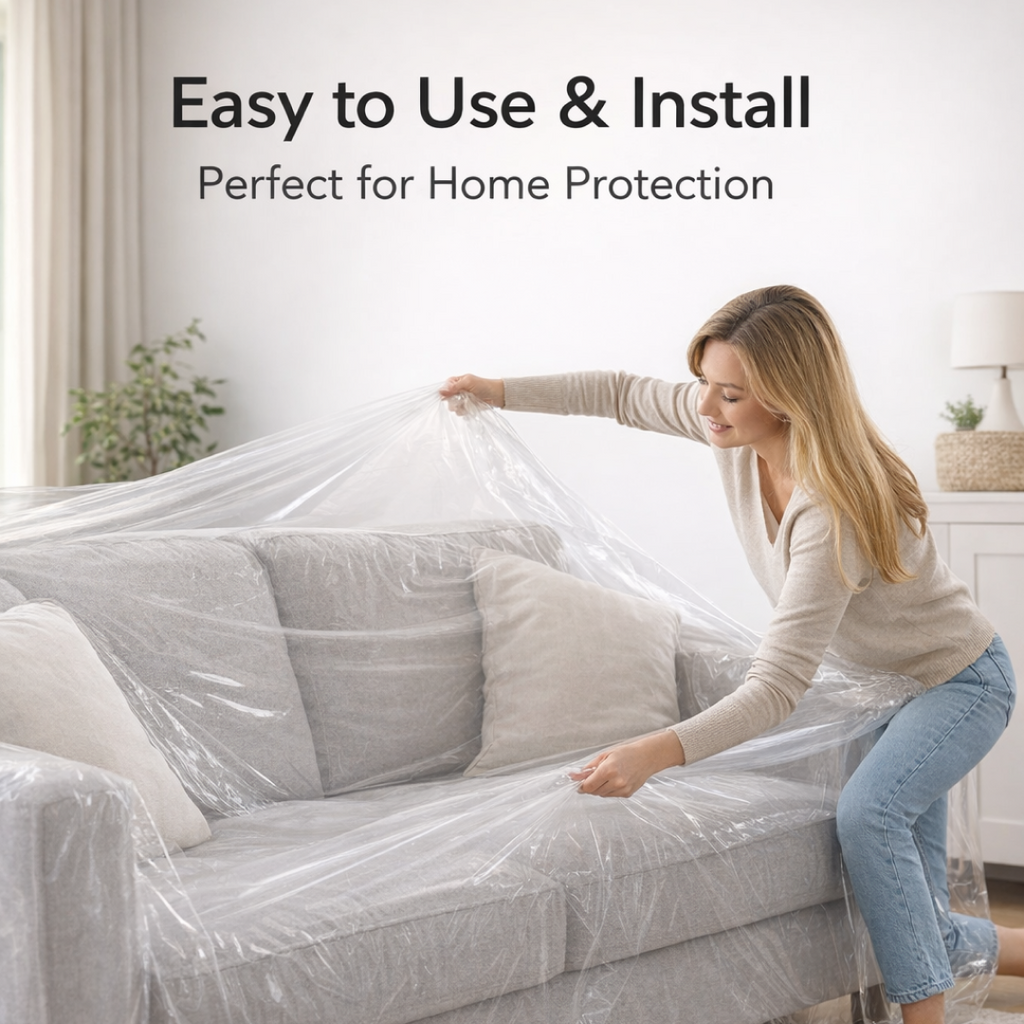 Person covering a beige sofa with a clear disposable furniture cover.