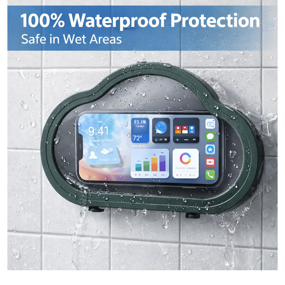 The shower phone stand with a smartphone inside, showcasing its secure, anti-fog screen.