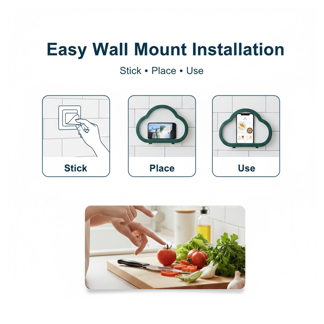 Demonstrating the strong adhesive backing of the shower phone holder on a smooth wall.