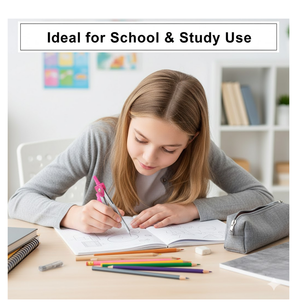 Detailed view of the mechanical pencil and extra lead of the student geometry compass set