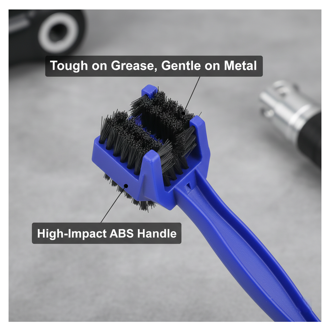 Close-up of the efficient 3D brushes on the Motorbike Chain Cleaner tool.