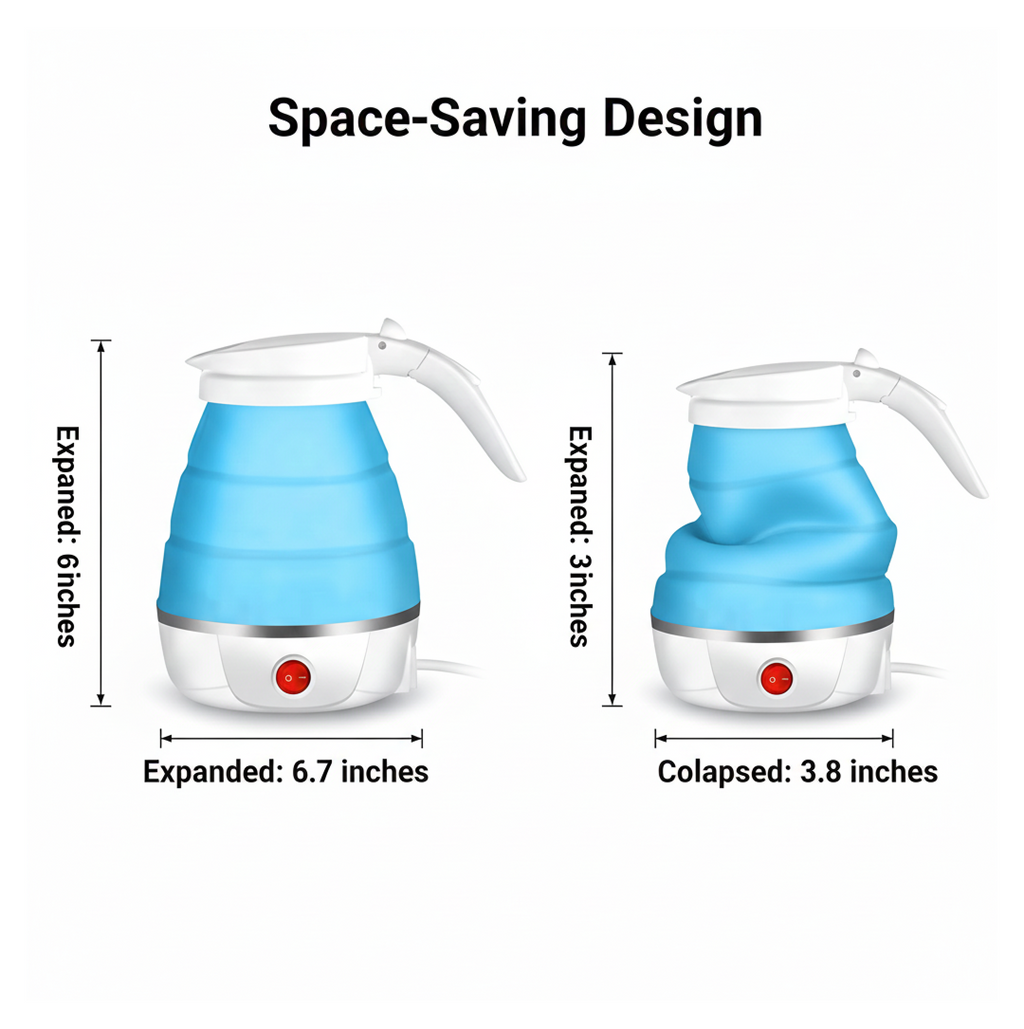 Diagram showing the compact size of the portable electric kettle.