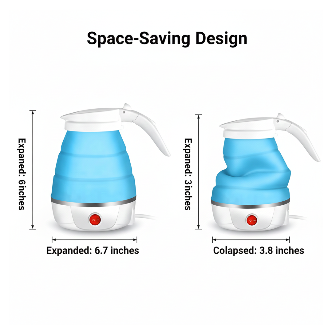 Diagram showing the compact size of the portable electric kettle.