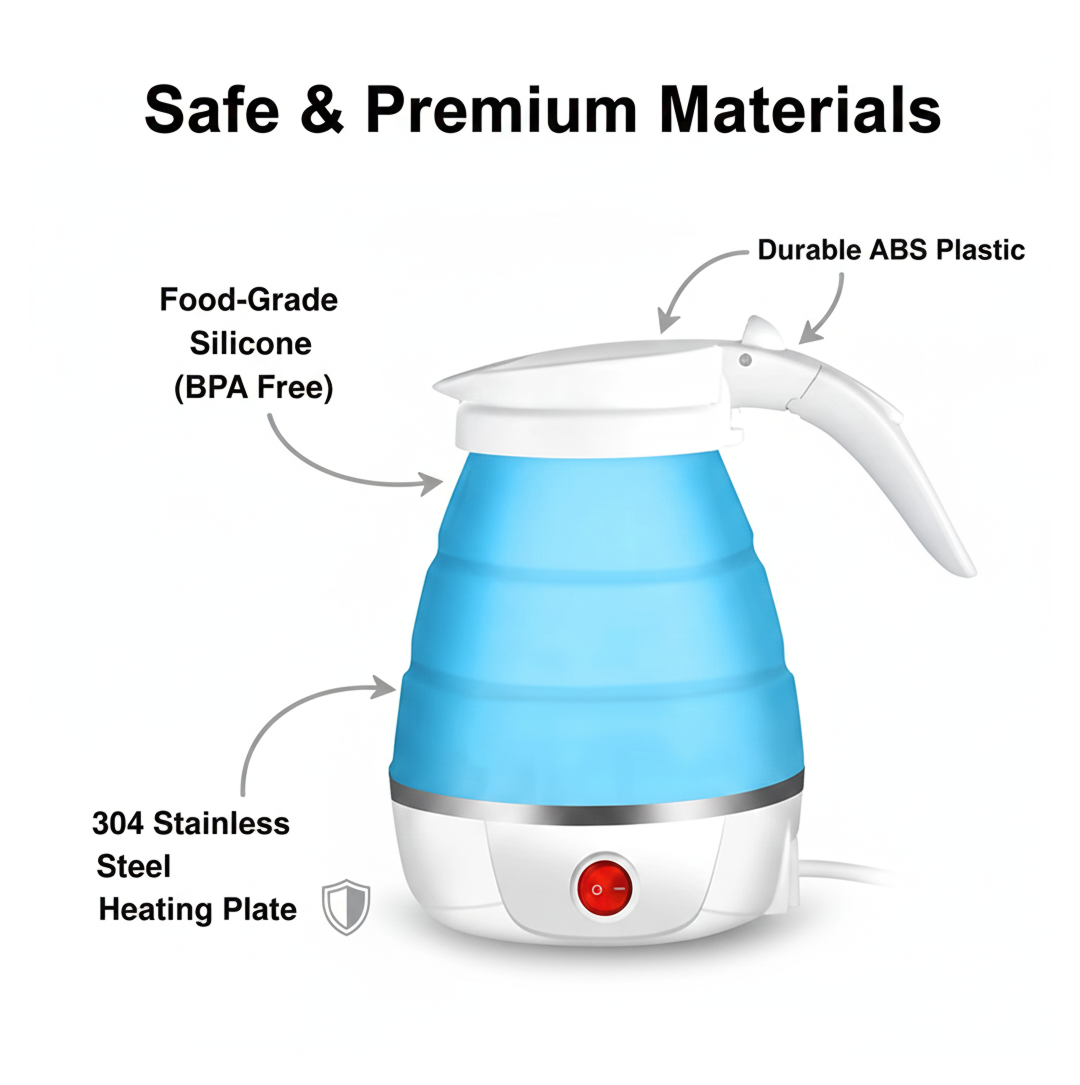 Folded silicone travel kettle demonstrating its space-saving design.