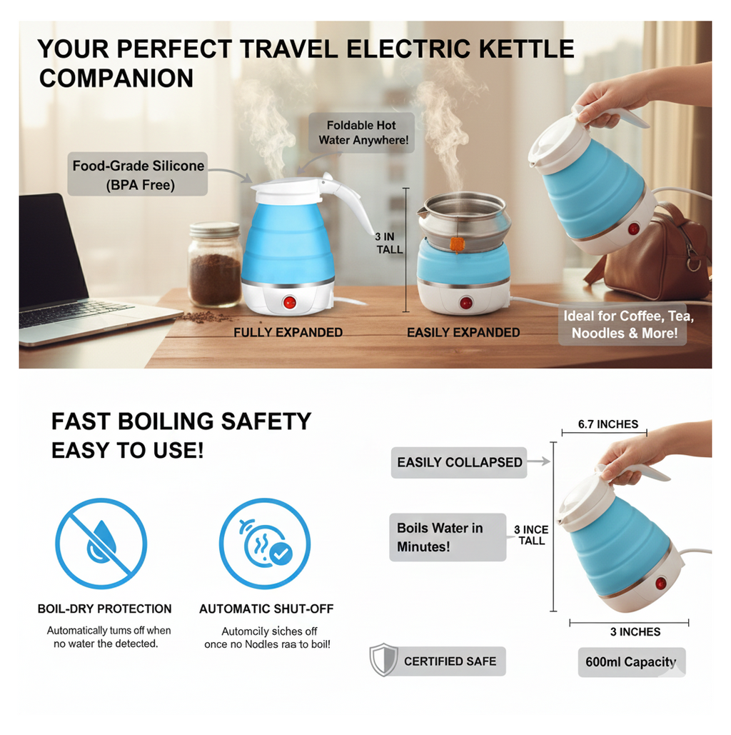 Silicone electric kettle with its handle and spout for easy pouring.