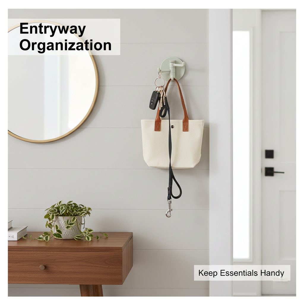 Punch-free sticky hook holding towels in a modern bathroom setting, showcasing its practicality.
