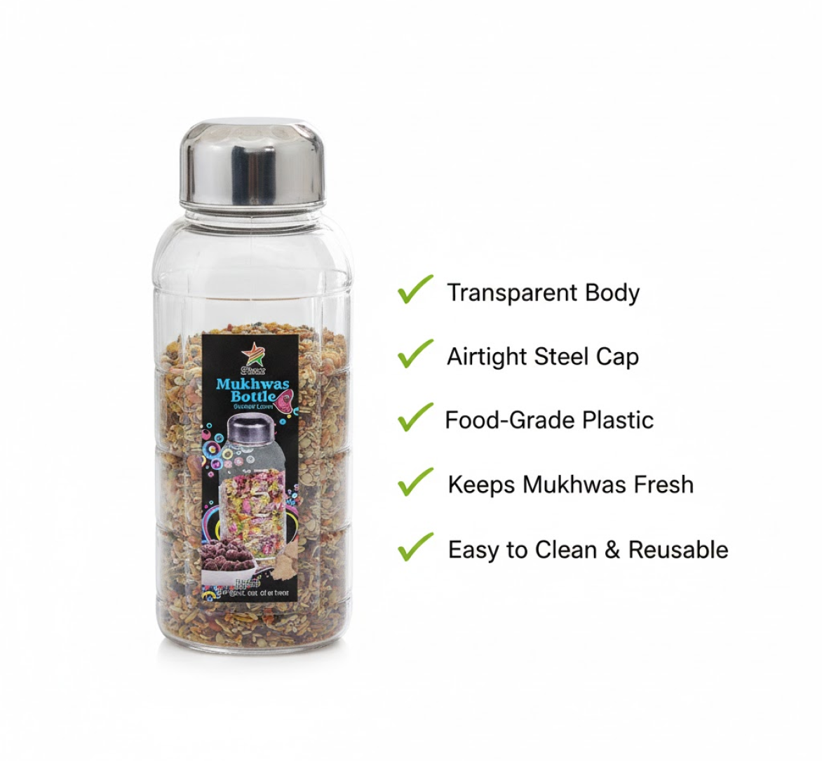 Mukhwas bottle shown with assorted dry fruits inside