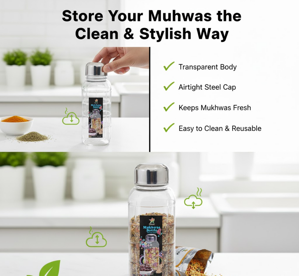 Side view of the transparent plastic storage bottle with steel lid