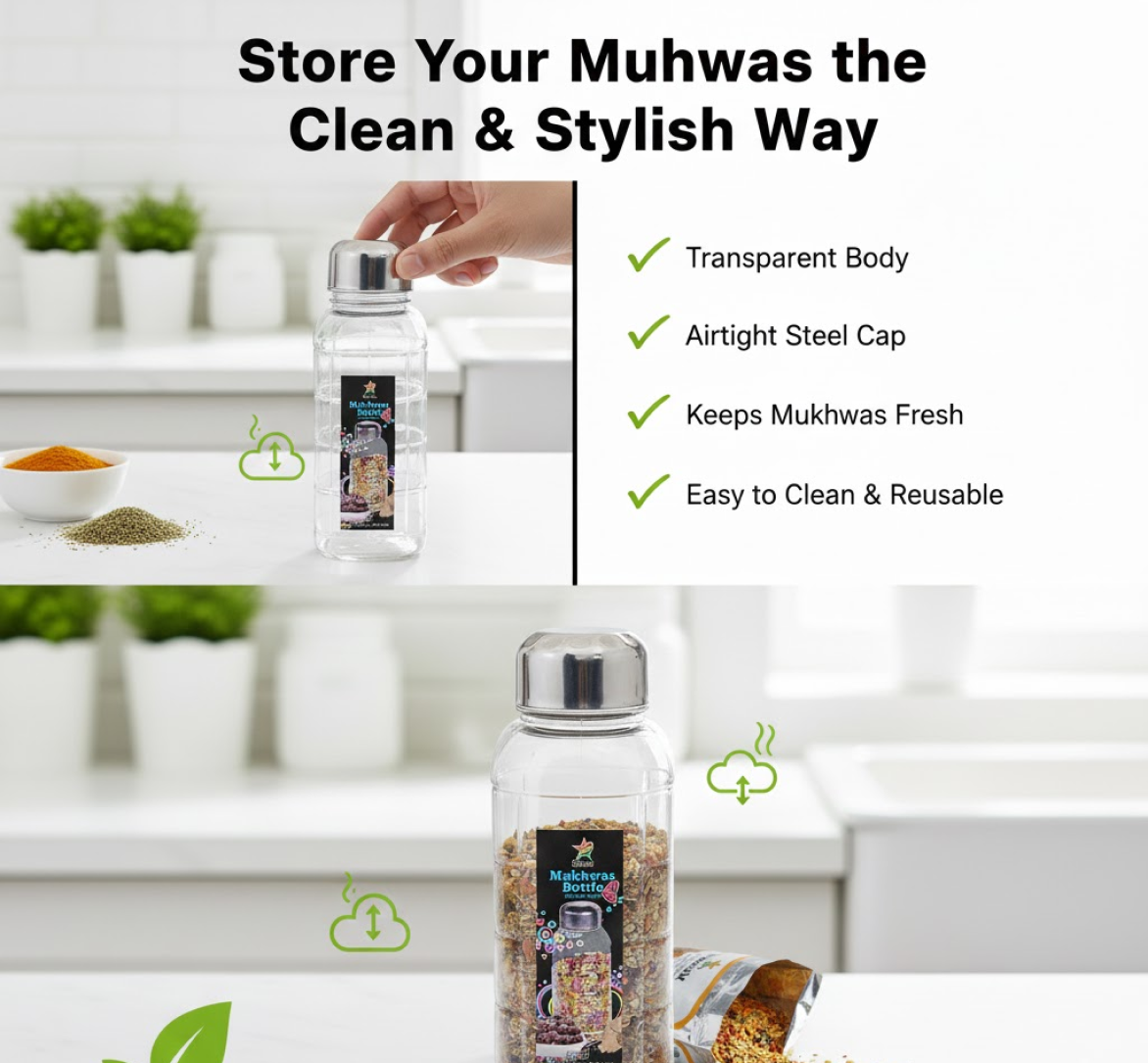 Side view of the transparent plastic storage bottle with steel lid