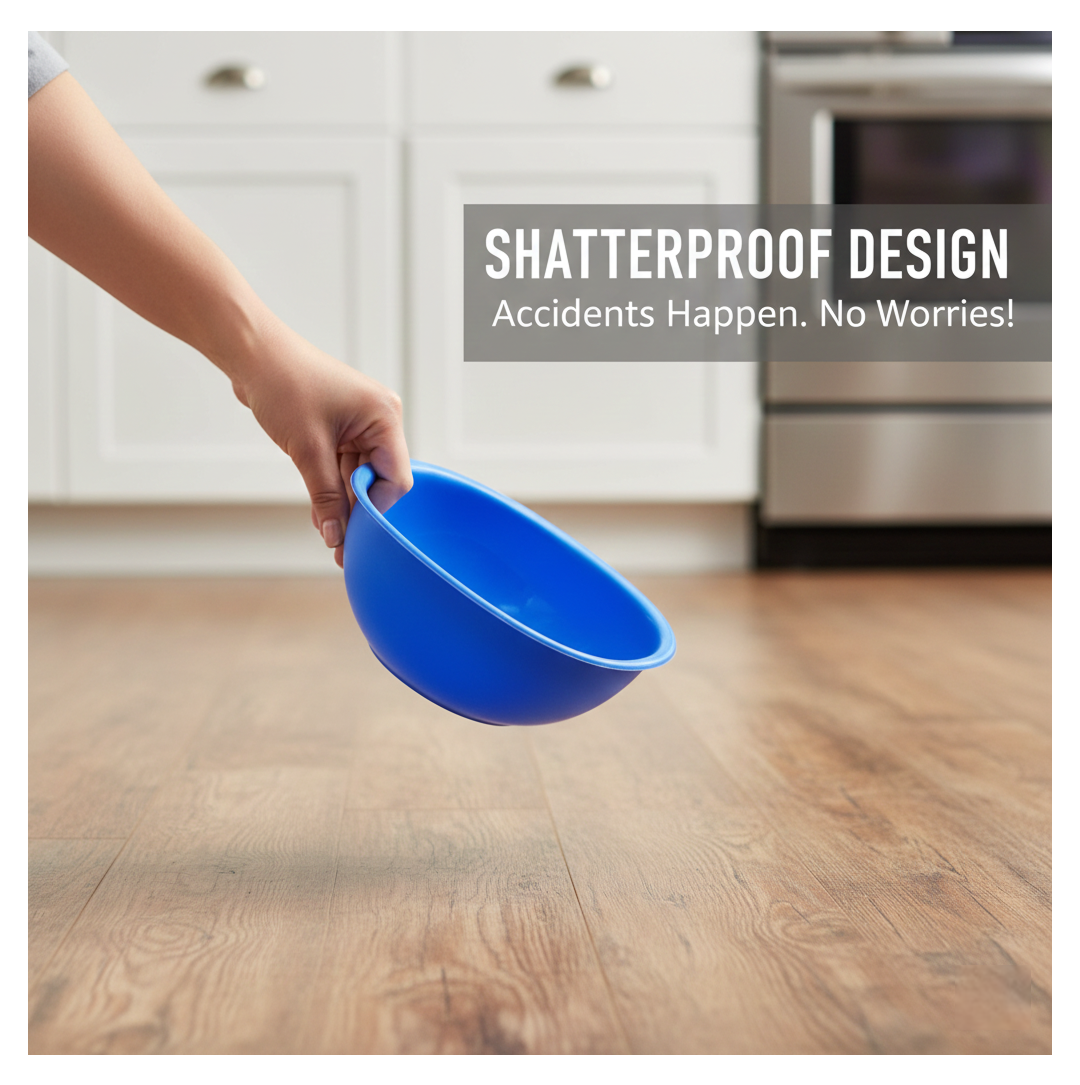 Three vibrant BPA free plastic bowls displayed, ready for use in any kitchen.