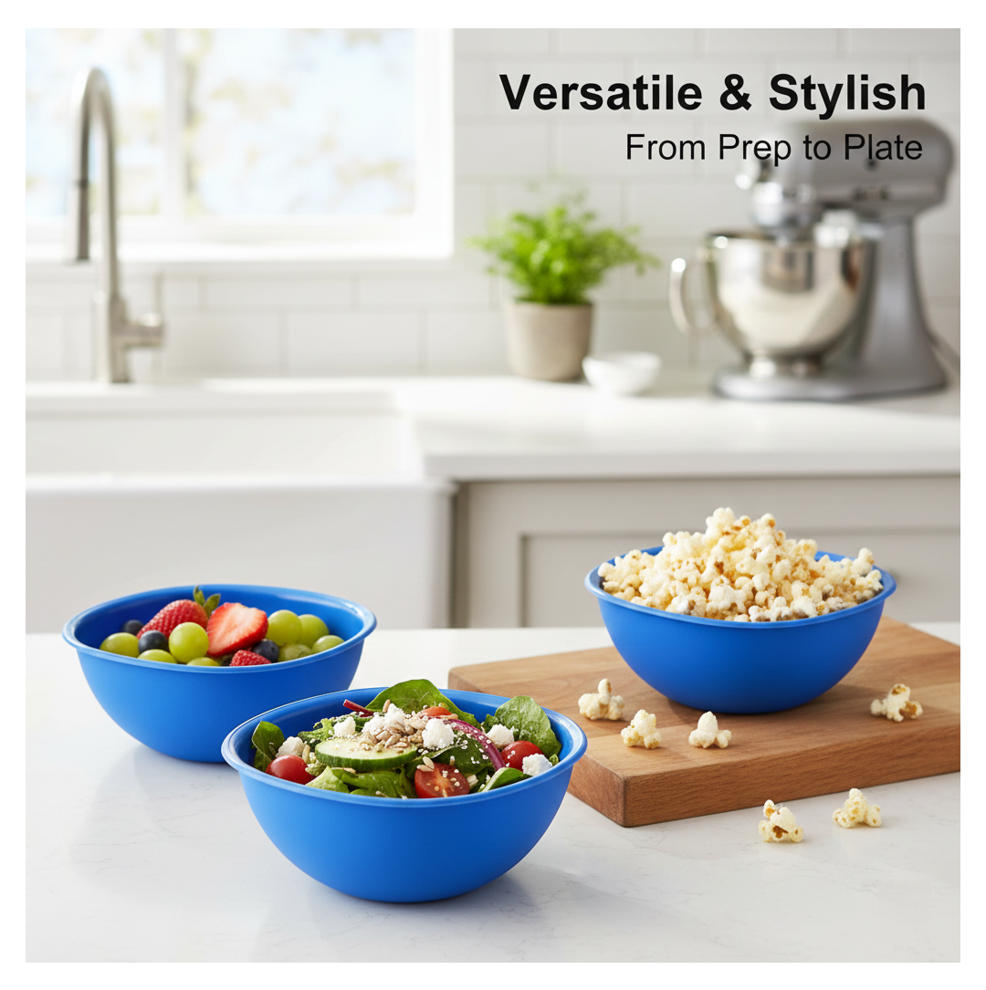 Three stackable BPA free plastic bowls, showcasing their space-saving design.