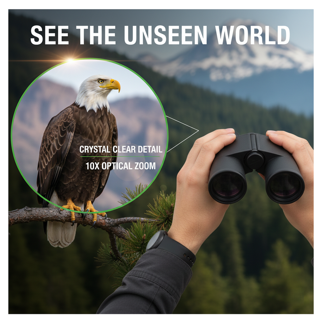 Child's hand holding a pair of Learning Toy Binoculars outdoors, ready for adventure.