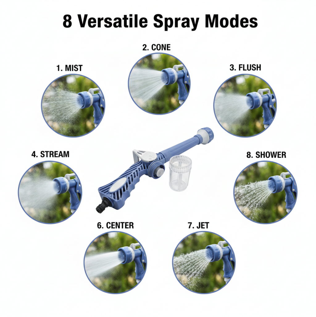 Close-up of the water spray gun's adjustable nozzle for different spray patterns.
