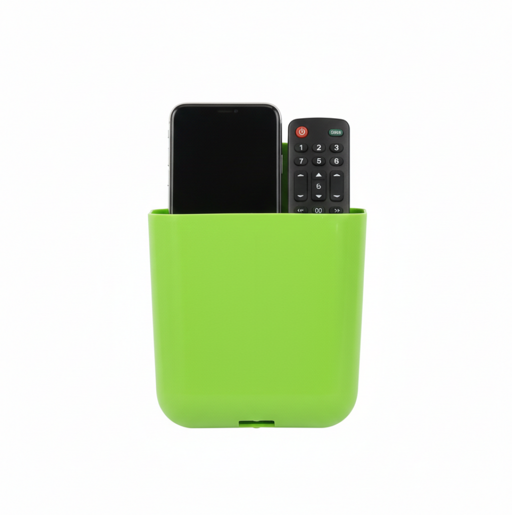Front view of the GlimmerHome wall holder, showcasing its dual storage compartments.