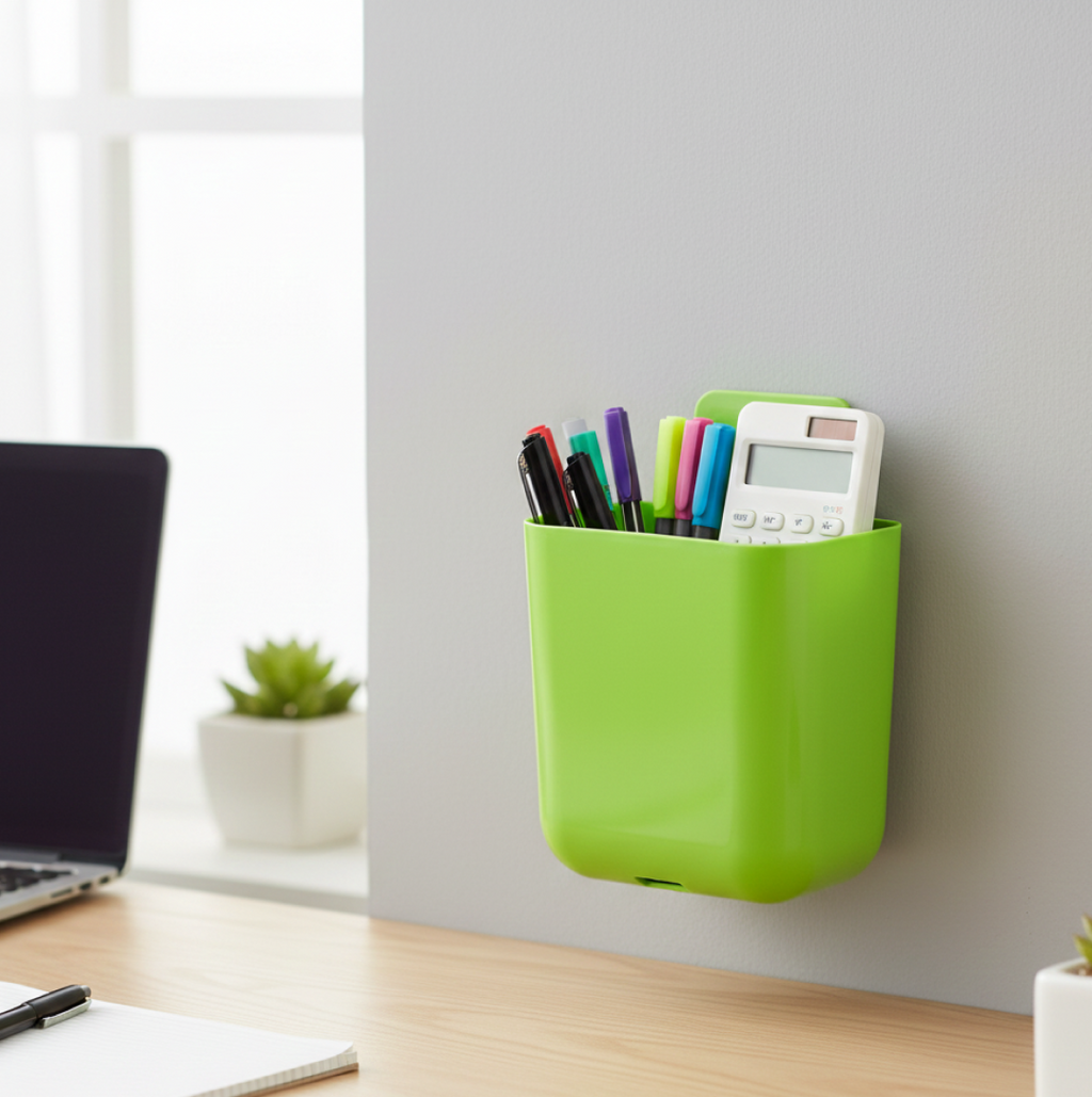 The wall organizer holding a smartphone and TV remote in a living room setting.