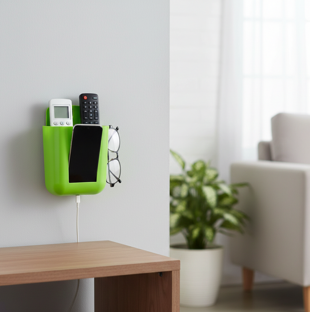 Compact wall holder mounted in a modern bathroom, storing toiletries.