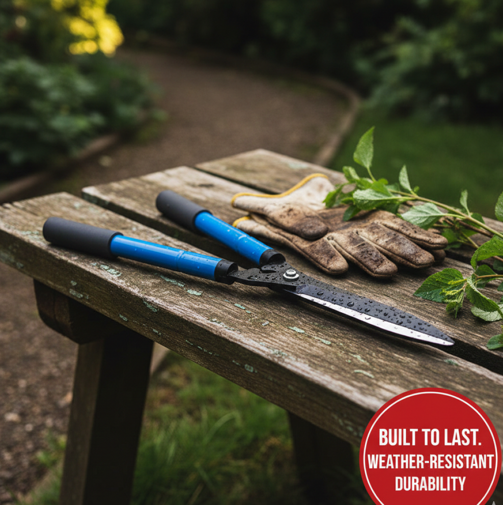 Durable hedge shear with non-stick coated blades for easy maintenance.