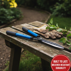 Durable hedge shear with non-stick coated blades for easy maintenance.
