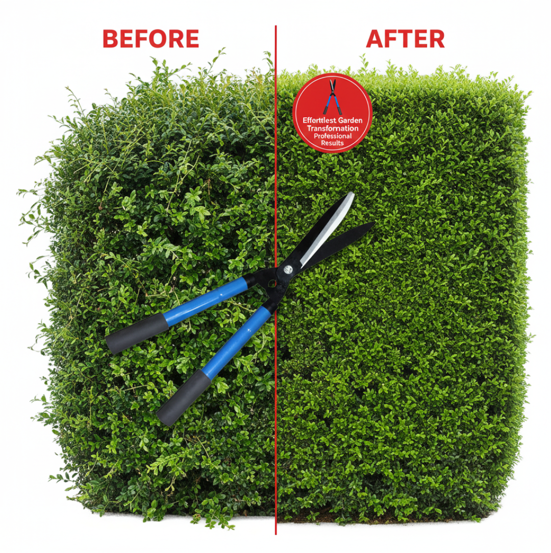 PillowTrek hedge shear in action, shaping a garden topiary plant.