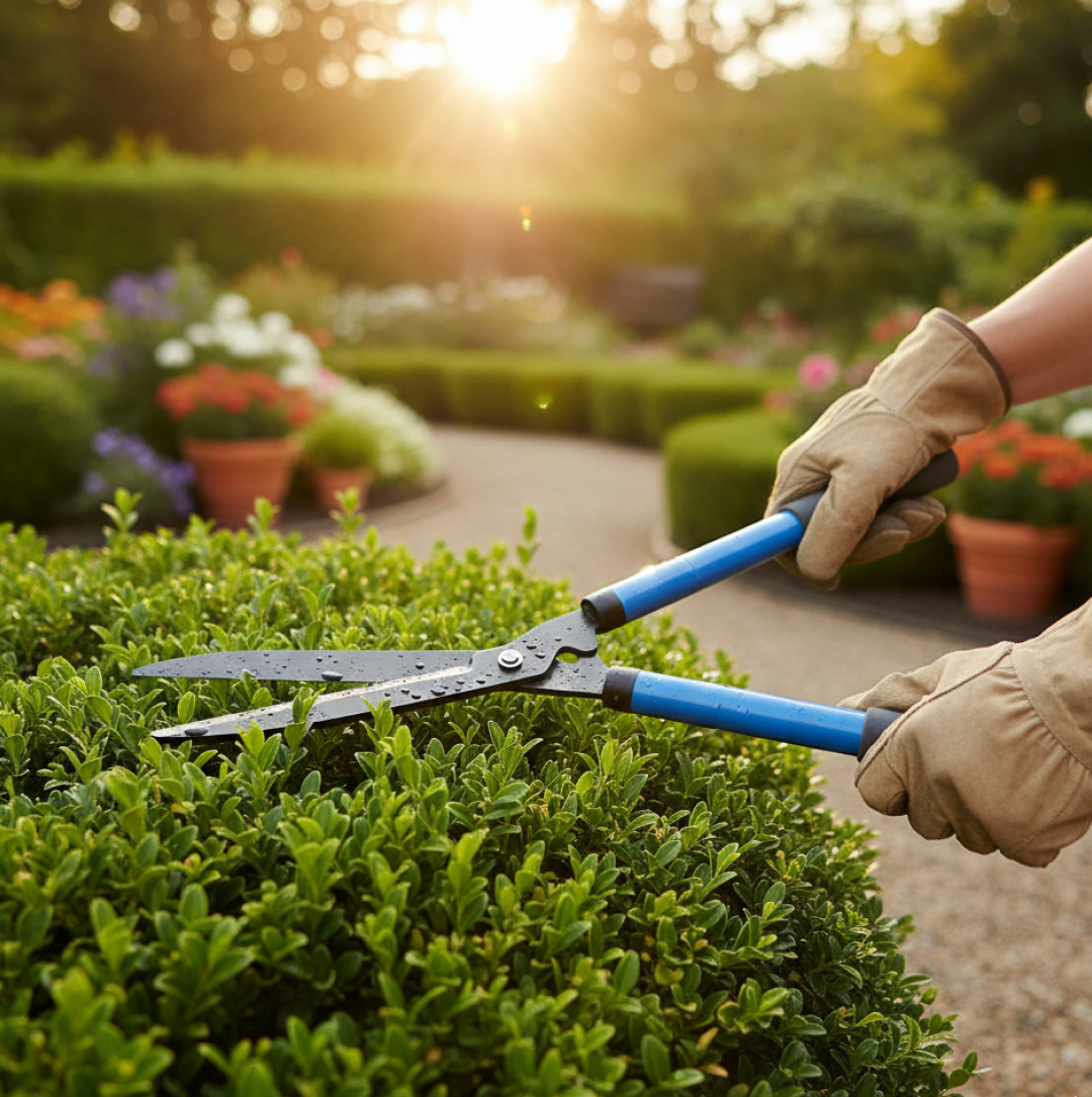 Hedge shear effortlessly cutting through thick garden branches.