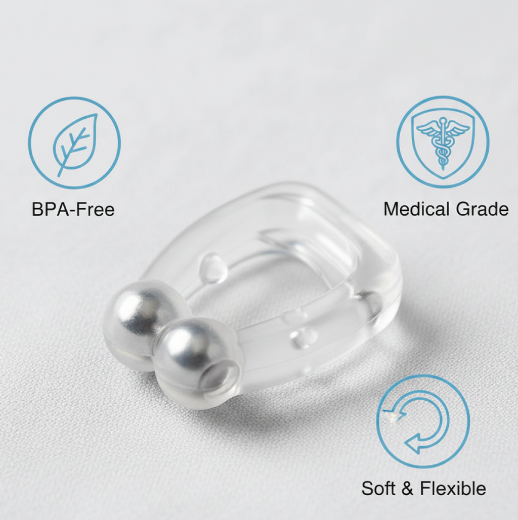 Side view of the reusable anti-snore nose clip, highlighting its ergonomic design.