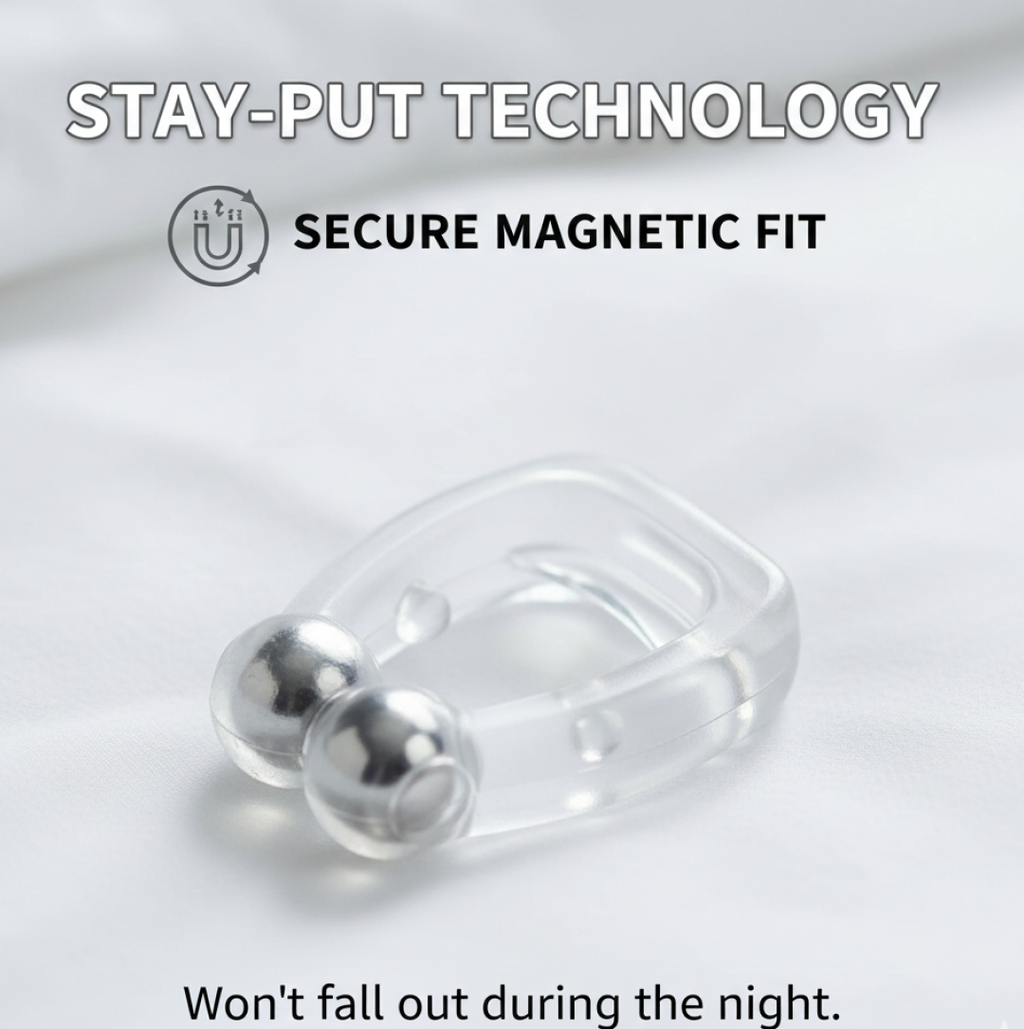 Magnetic anti-snore nose clip displayed in clear retail packaging.