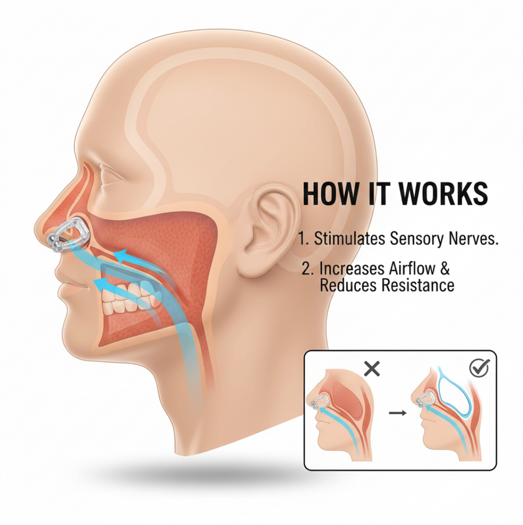 Close-up shot of the soft silicone anti-snore nose clip for comfortable nasal fit.