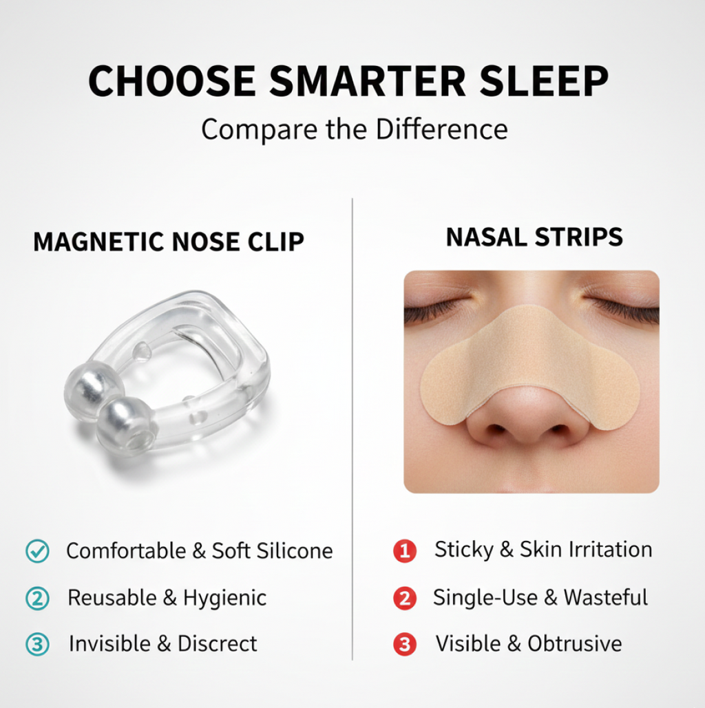 Model demonstrating proper placement of the anti-snore nasal clip for improved breathing.