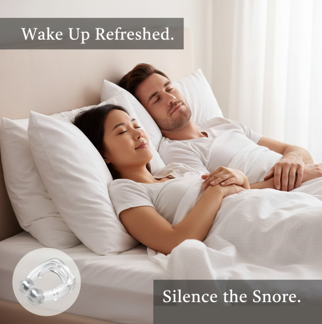 The anti-snore nose clip shown alongside its hygienic protective travel case.