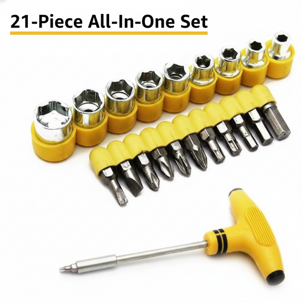 Complete 21-piece T-shape screwdriver and ratchet socket set laid out.