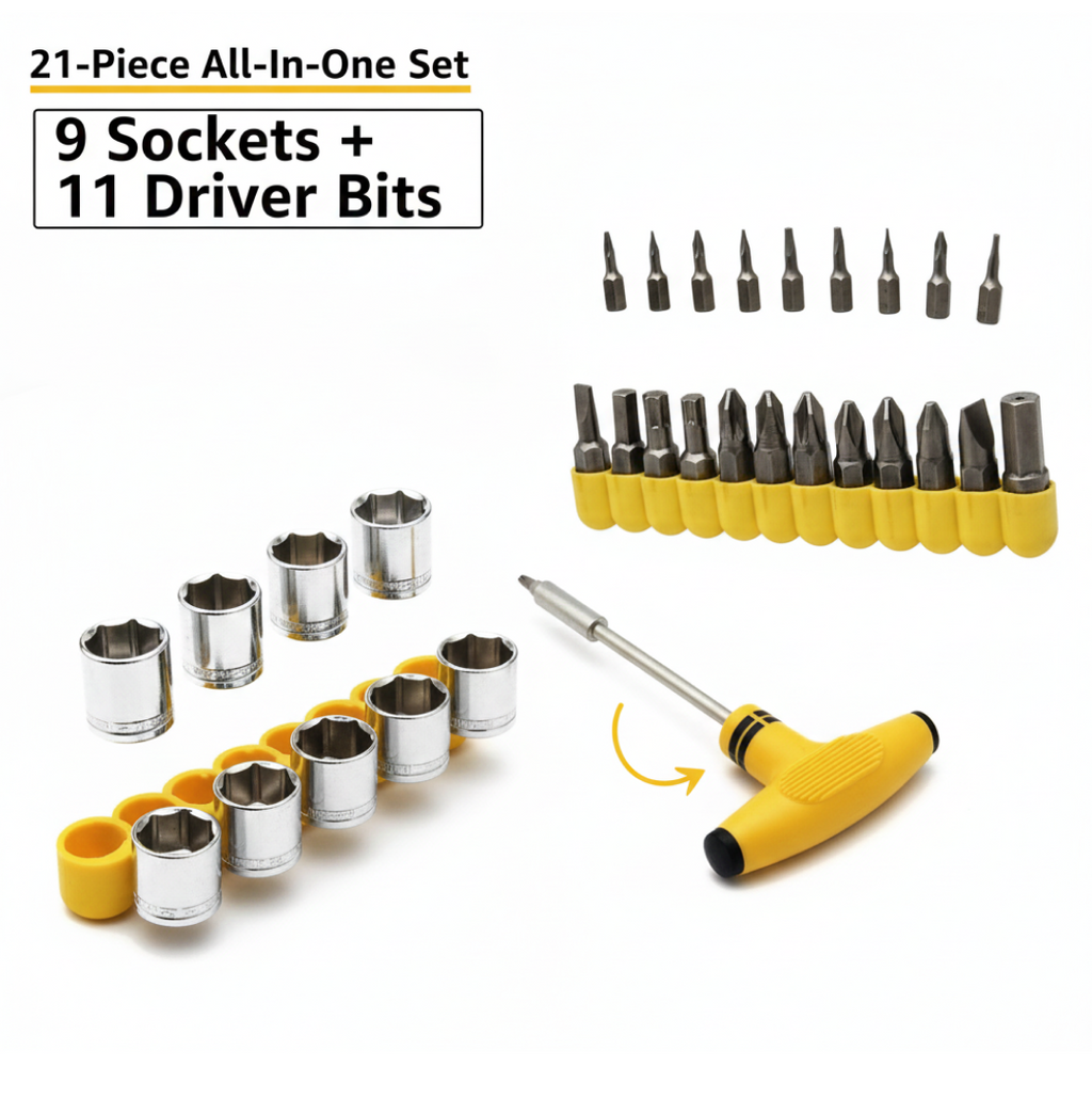 Organized display of diverse socket sizes included in the T-shape tool kit.