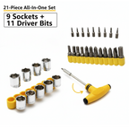 Organized display of diverse socket sizes included in the T-shape tool kit.