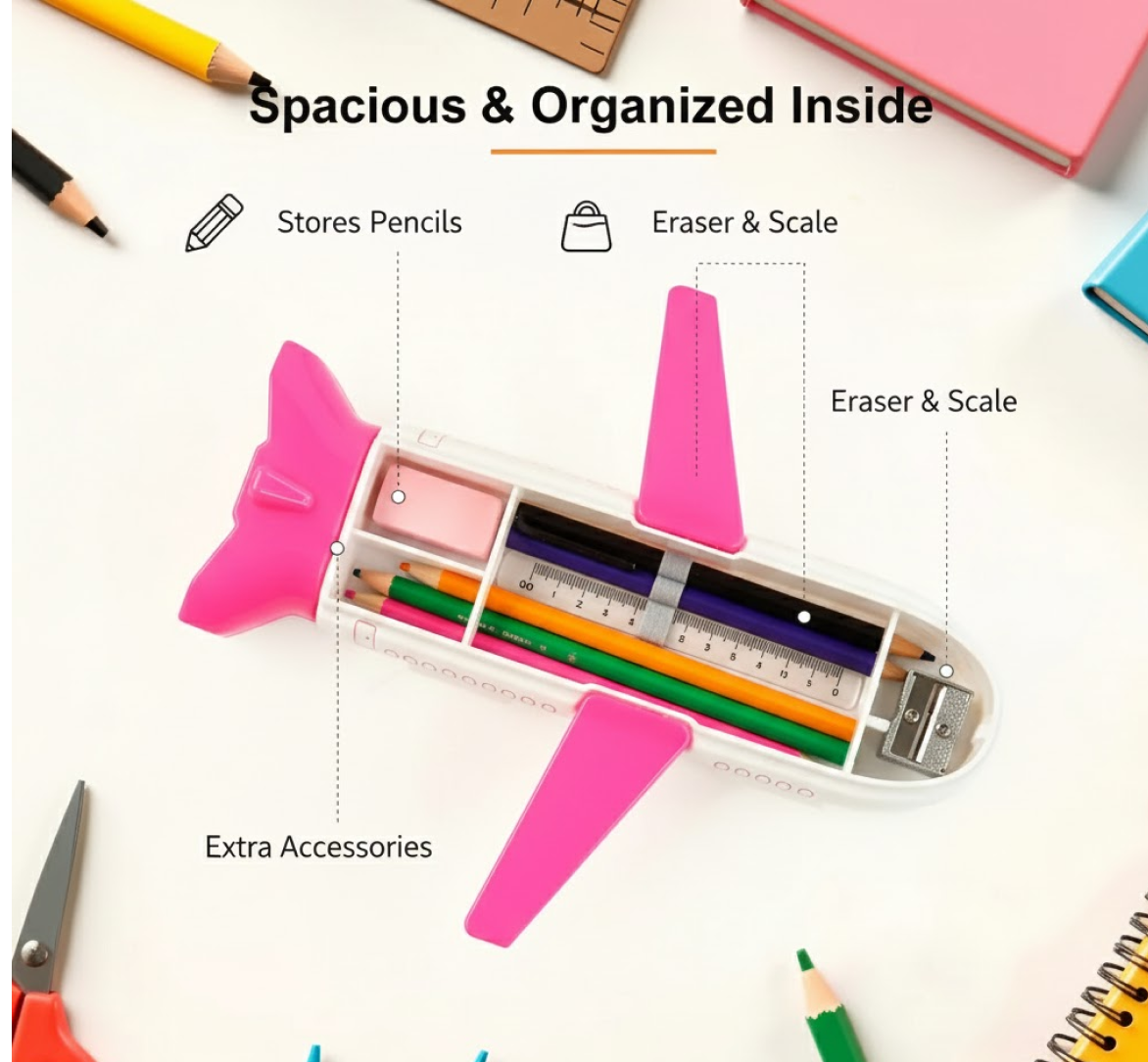 Close-up of the LED light feature on the airplane pencil box.