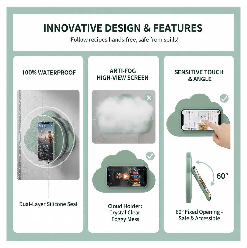 Waterproof mobile stand case securely mounted on a tiled bathroom wall.