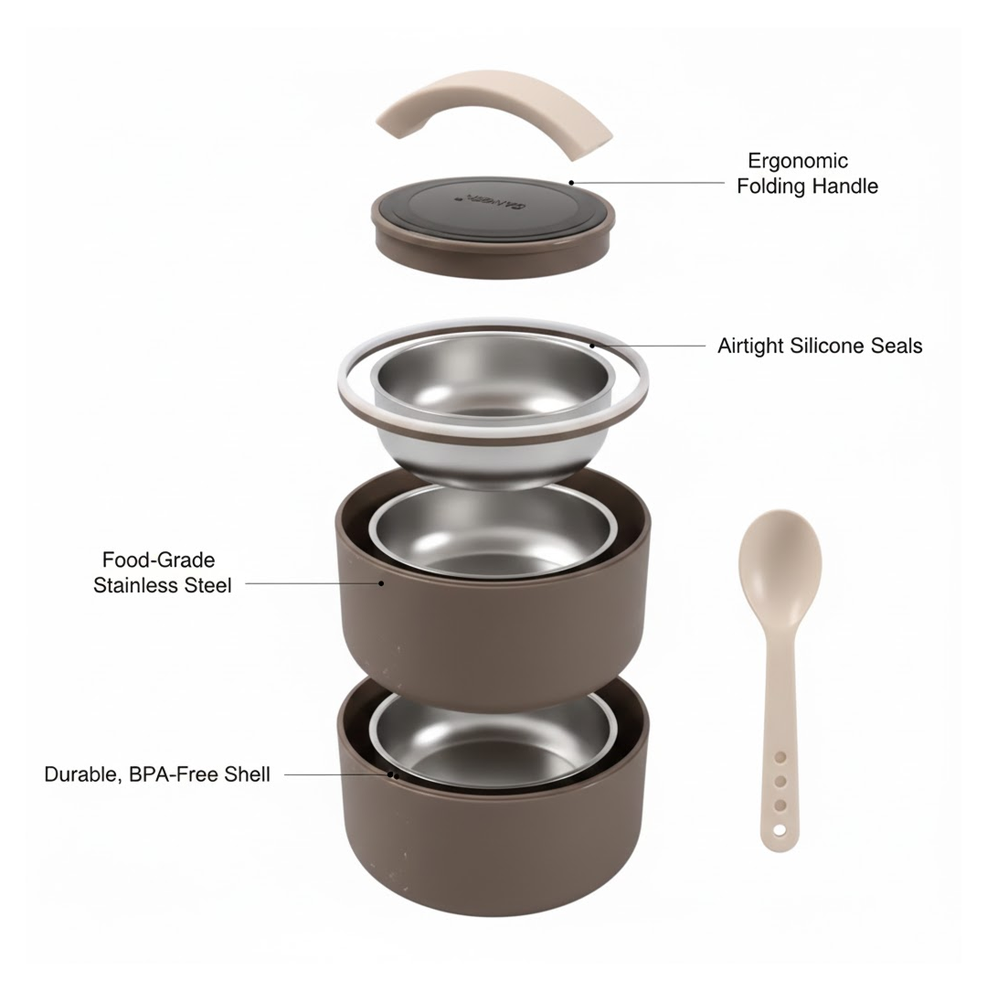 Side view showcasing the two separate compartments of this versatile 2-layer lunch box.