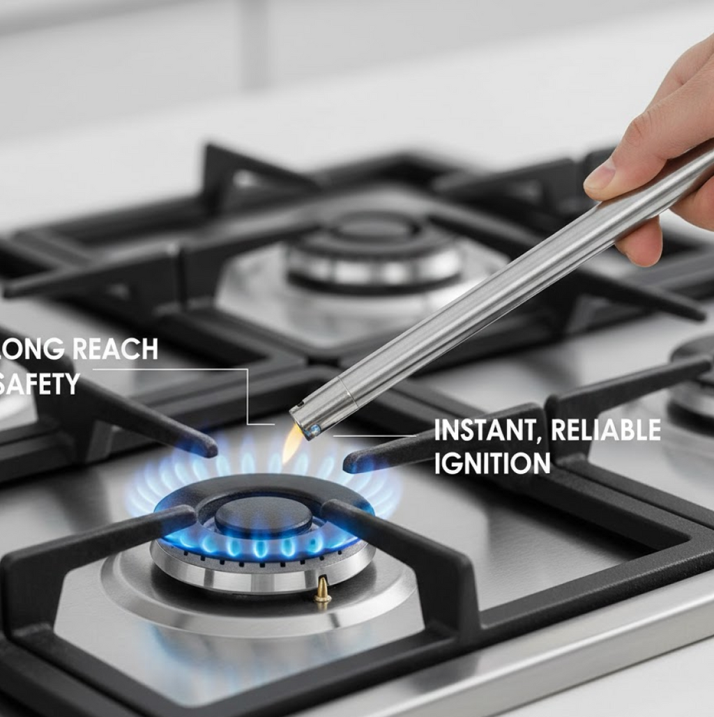 Stainless steel 4-in-1 kitchen tool set showcasing its versatile functions