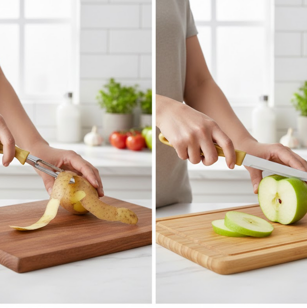 Detail of the efficient peeler and smooth grater from the 4-in-1 set