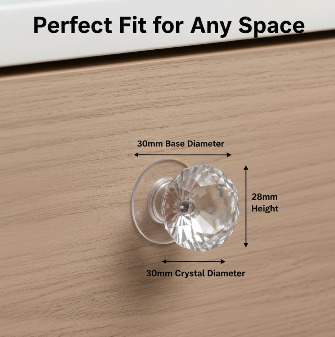 Front view of a clear diamond crystal cabinet knob showcasing its intricate facets.