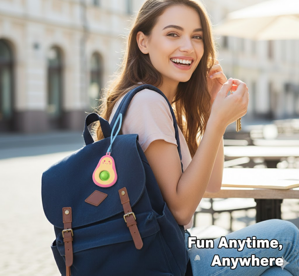 Avocado push pop sensory toy with strap hanging on keys