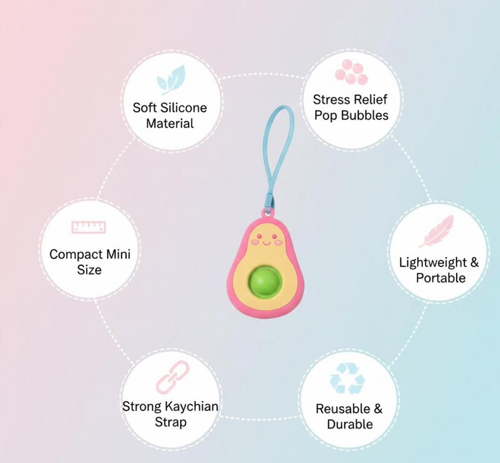 Side angle of portable avocado push pop fidget keychain toy