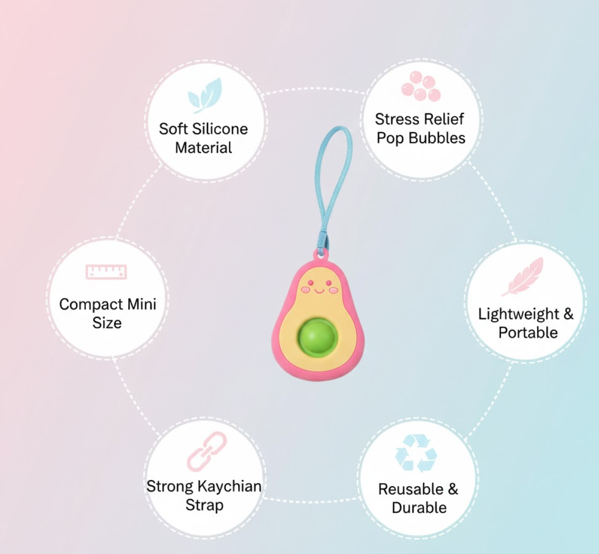 Side angle of portable avocado push pop fidget keychain toy